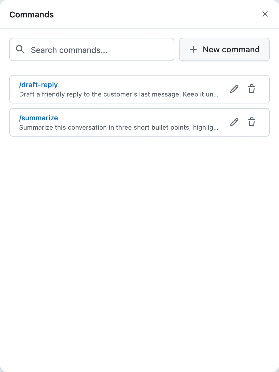 The Commands dialog listing saved commands with New command button