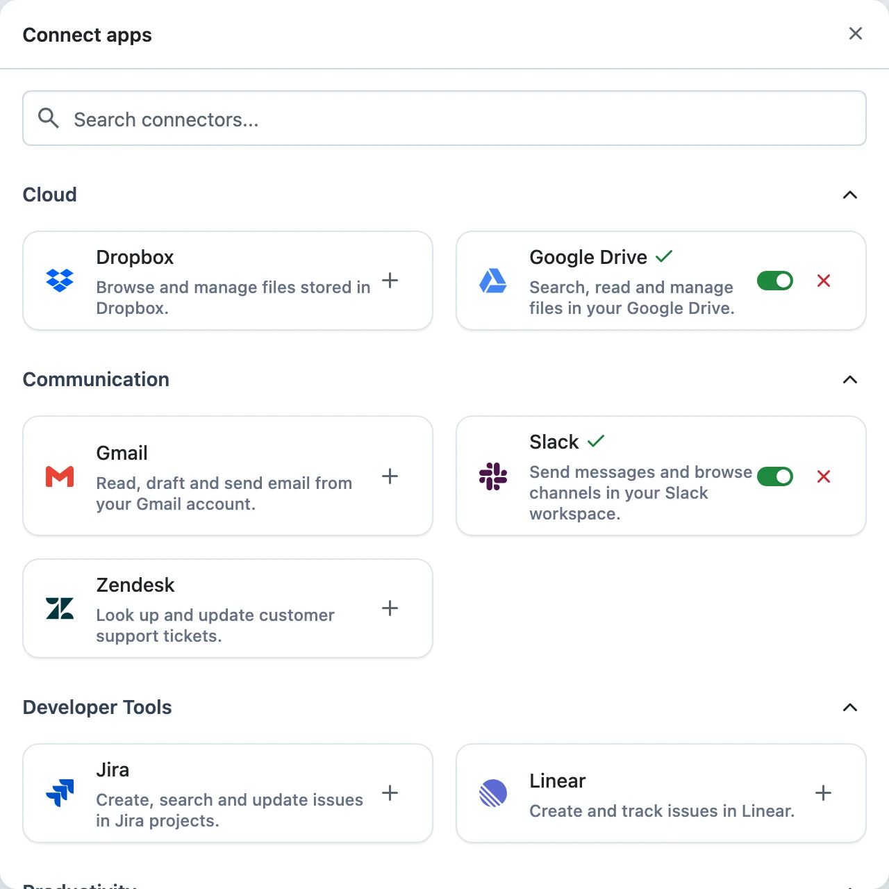 The Connect apps dialog with connectors grouped by category and a search box