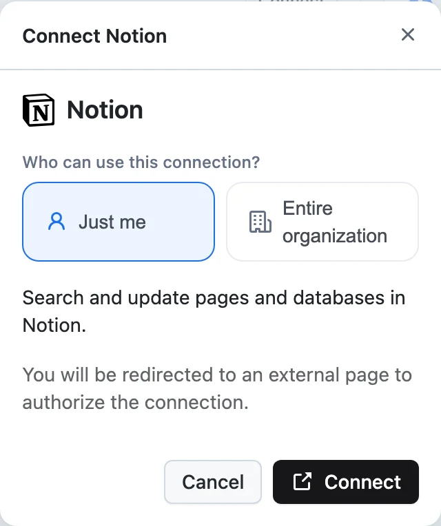 The connect dialog's Who can use this connection selector showing Just me and Entire organization options