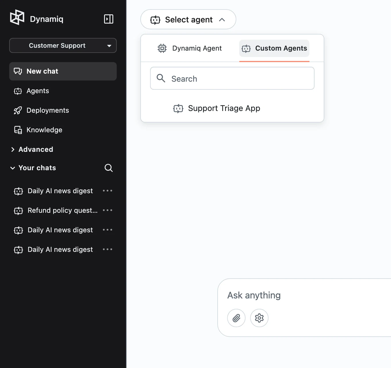 The Custom Agents tab listing deployed Apps with a search box