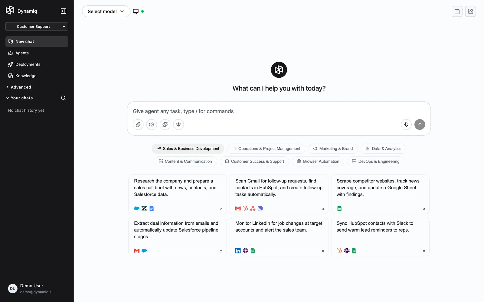 Empty Chat screen showing the greeting and the message input with attach, settings, connectors, and skills buttons