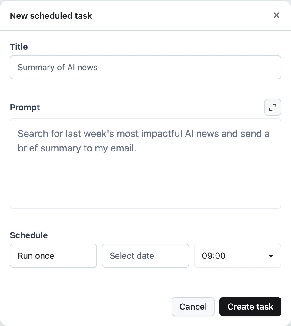 The New scheduled task form with Title, Prompt, repeat selector, day picker, and time picker
