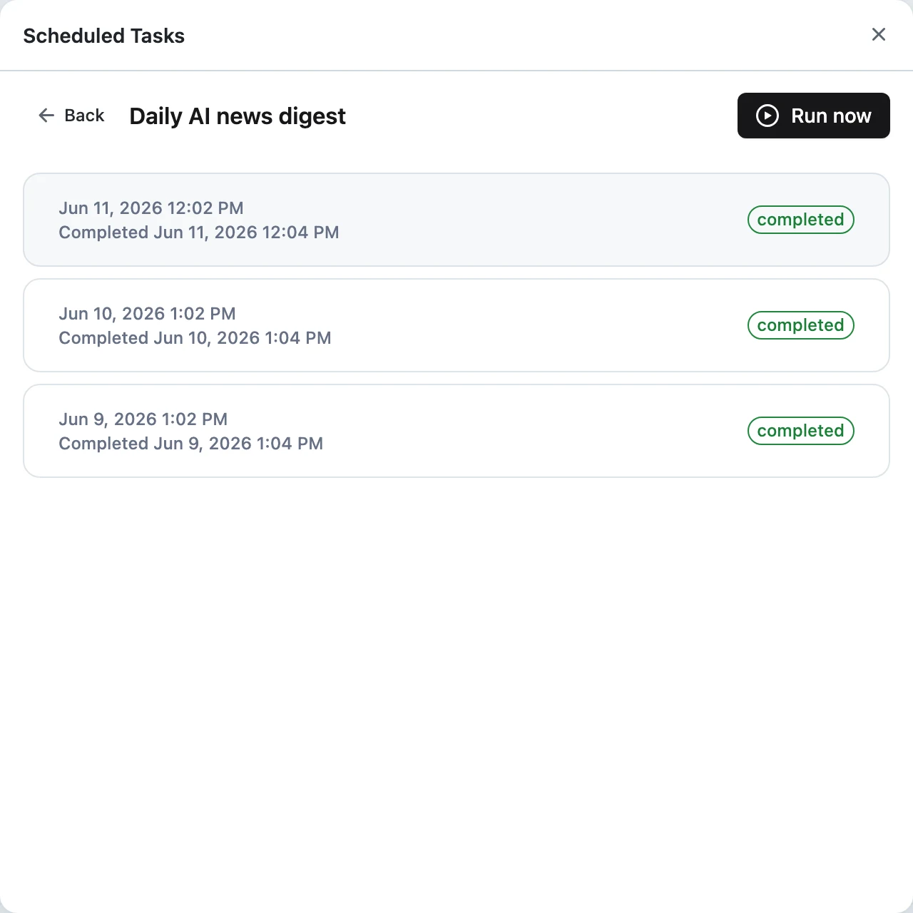 A task's run list showing timestamps and status labels, with the Run now button