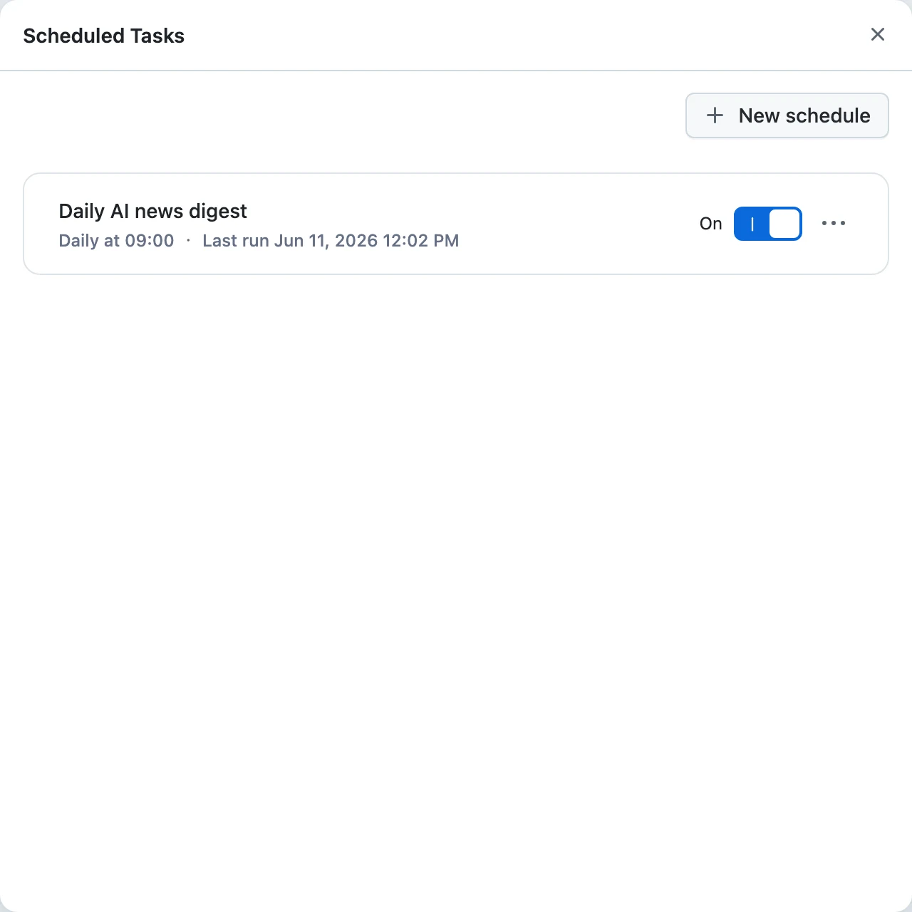 The Scheduled Tasks dialog listing tasks with the New schedule button