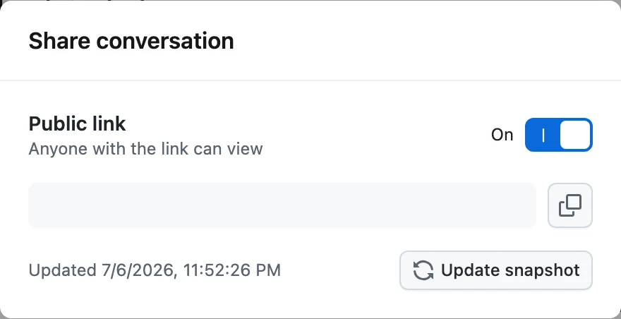 The Share conversation modal with the enable toggle, copyable public link, and Update snapshot button