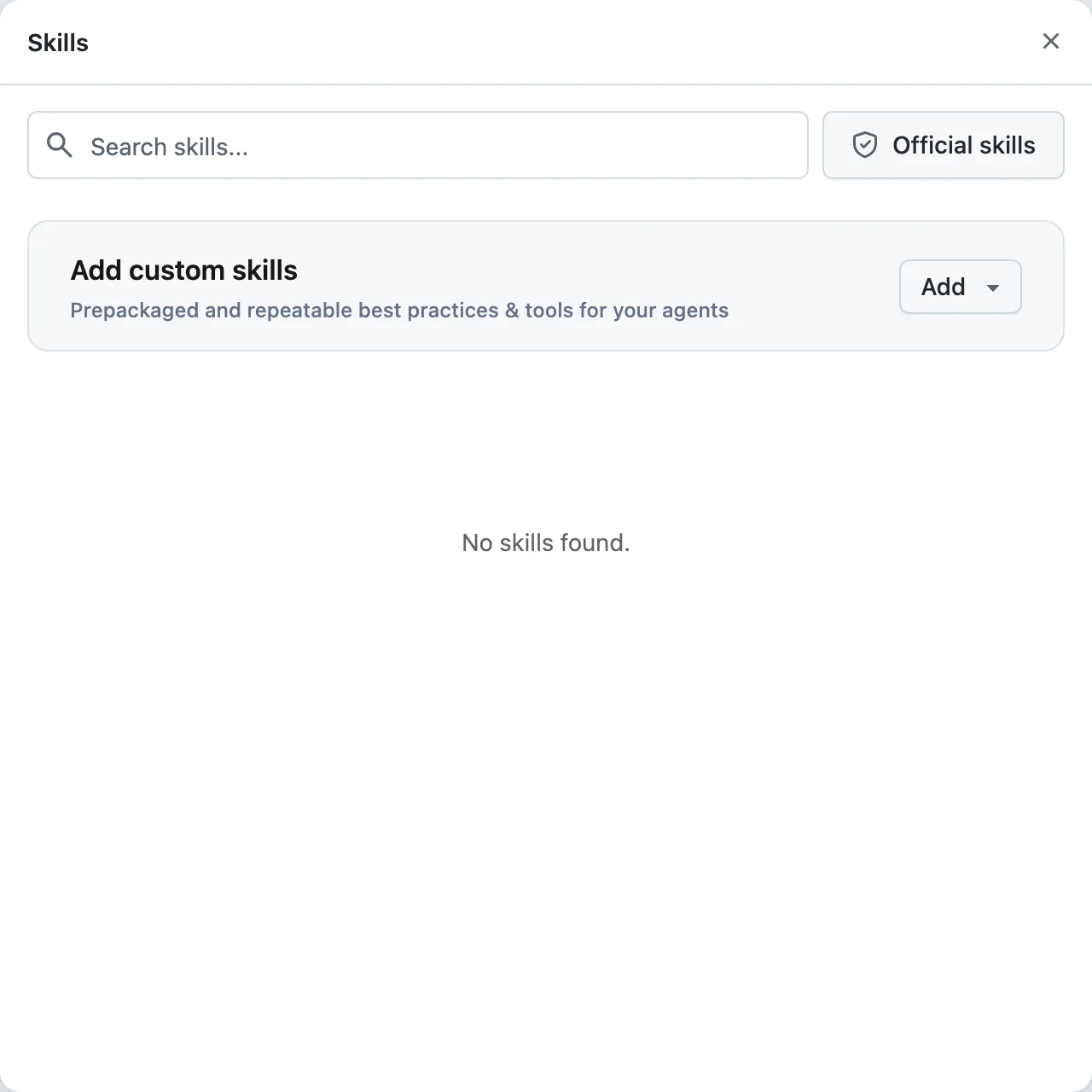 The Chat Skills modal showing the library with toggles, the Add menu, and the Official skills button