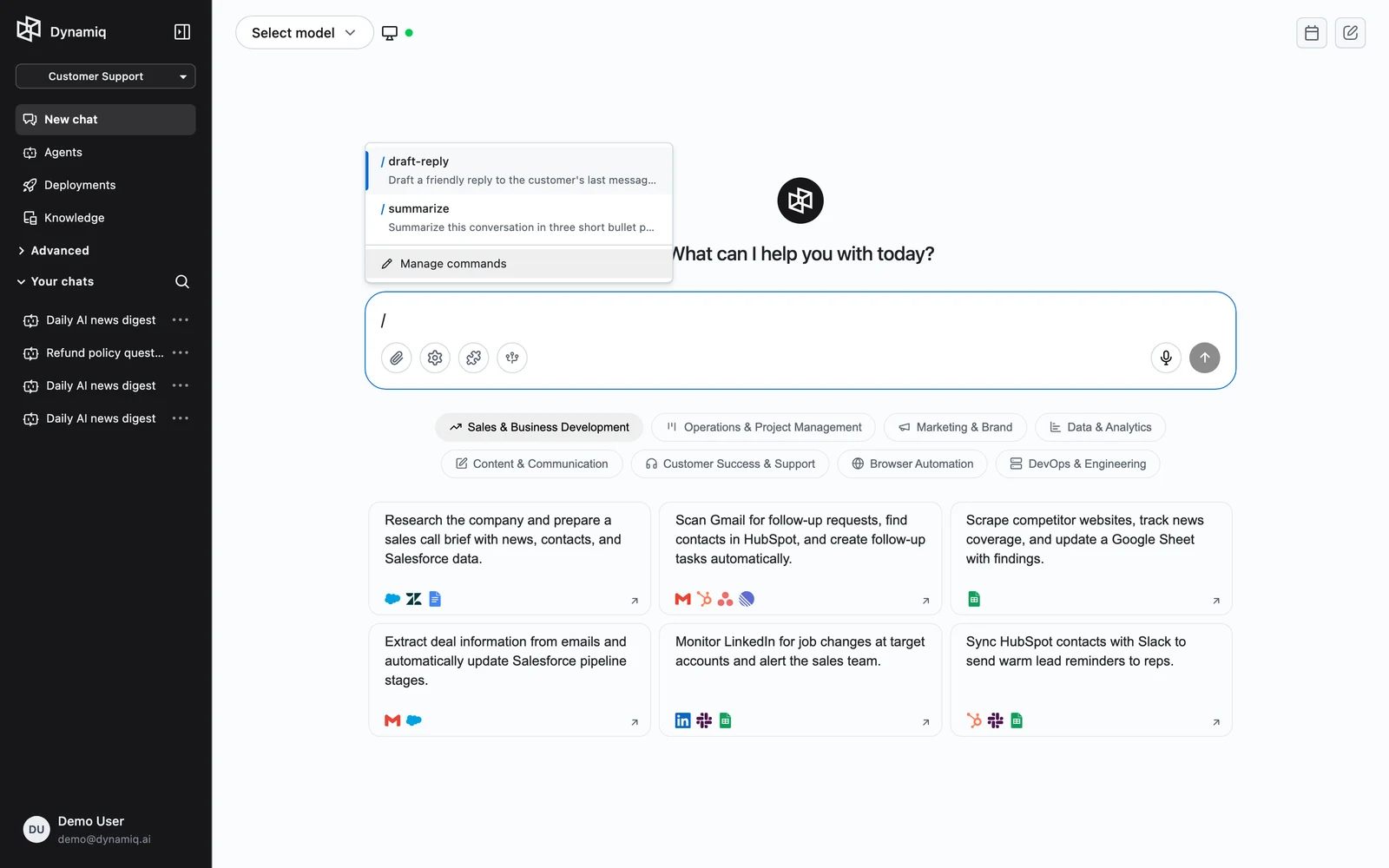 The slash command popover open above the chat input, listing commands with previews