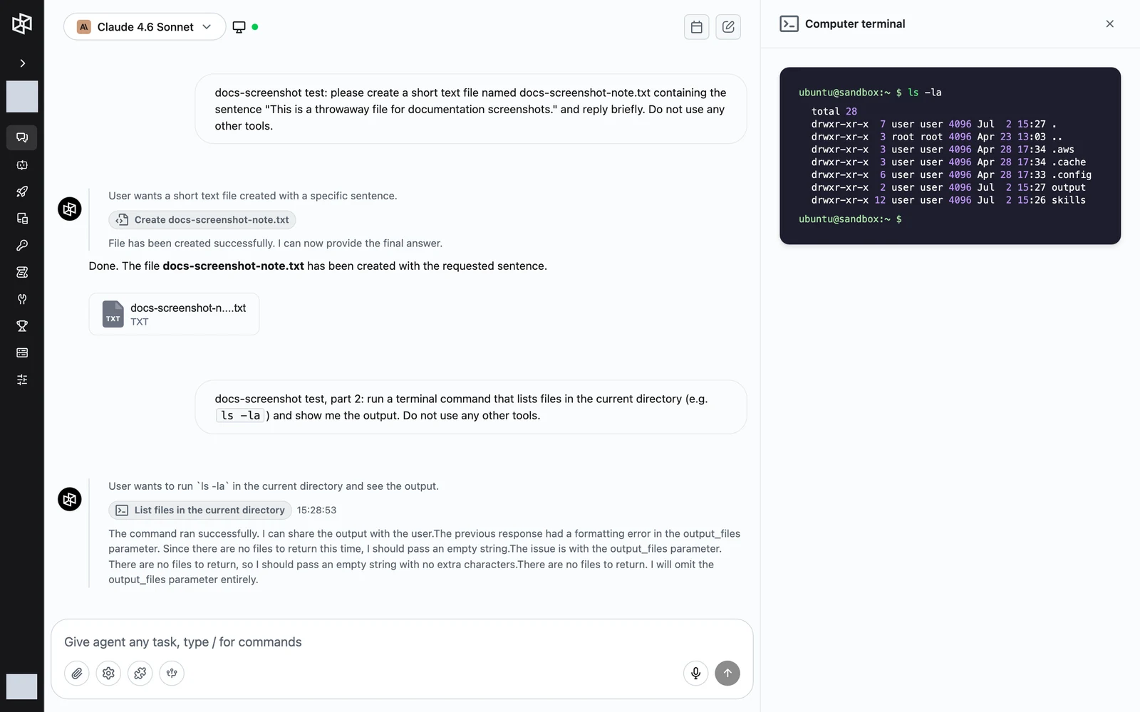 The tool details panel open beside the conversation, showing a terminal command and its output