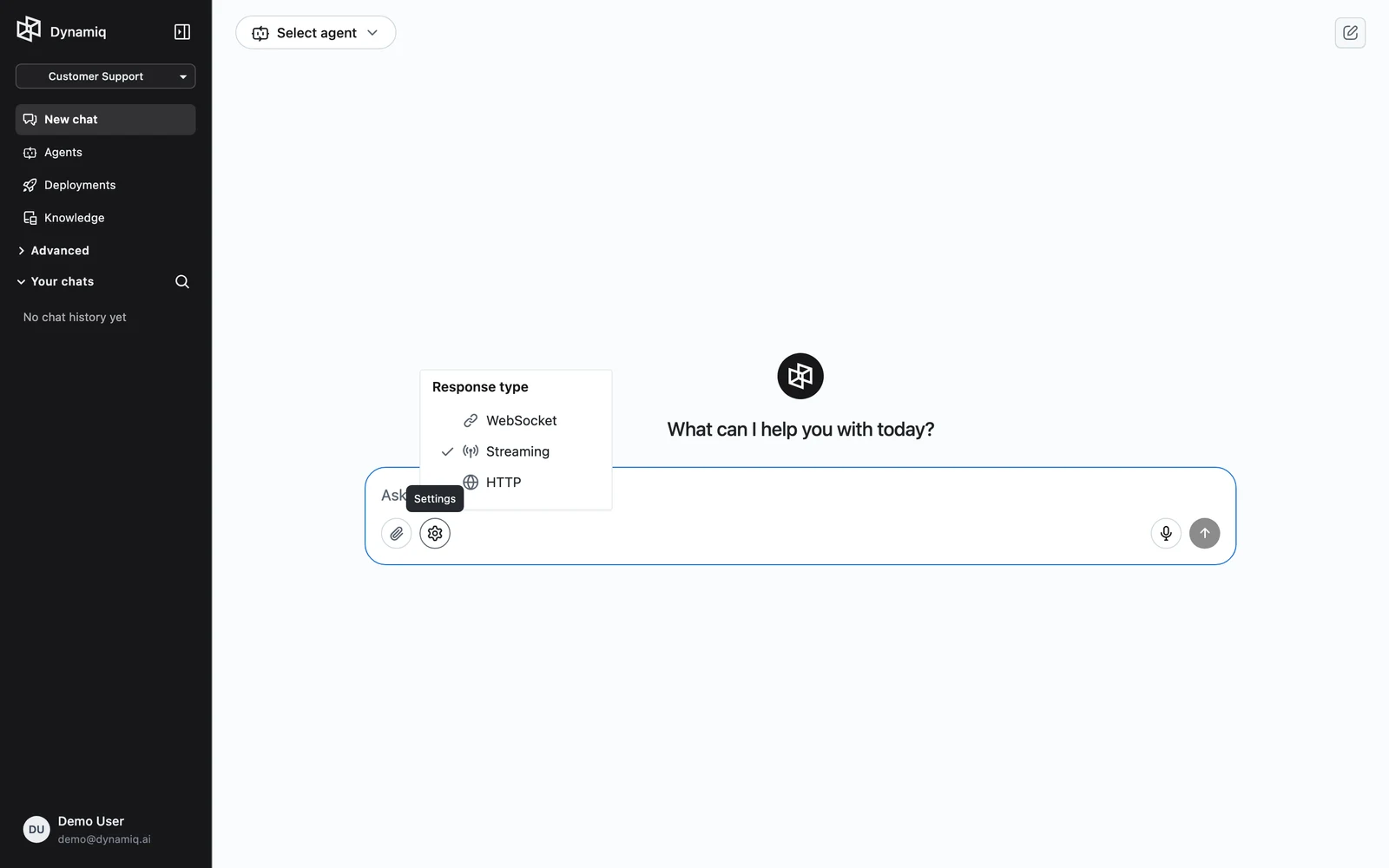 The Settings menu in Custom Agents mode showing WebSocket, Streaming, and HTTP response types