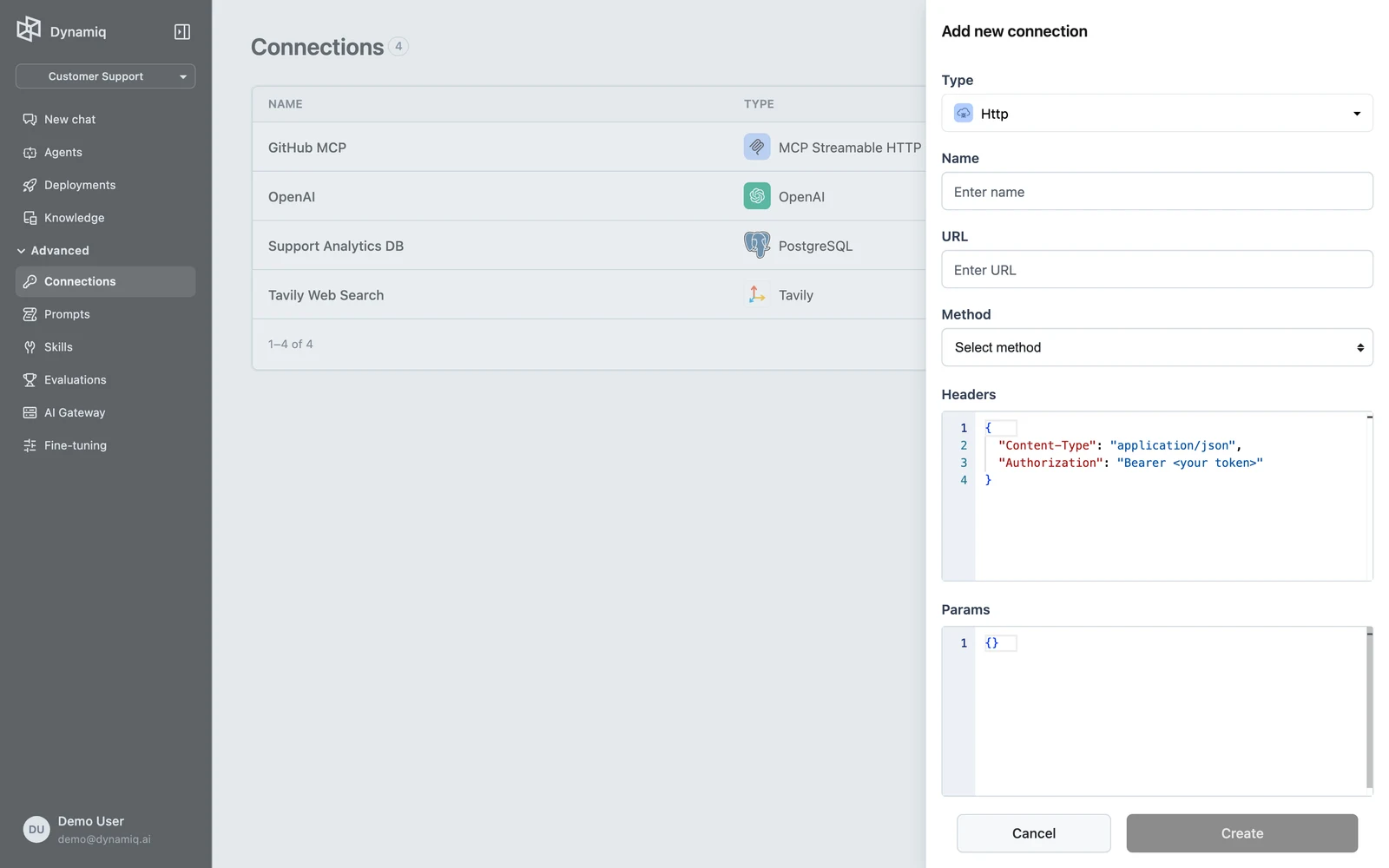 The Add new connection side panel with Type and Name fields and type-specific config inputs below