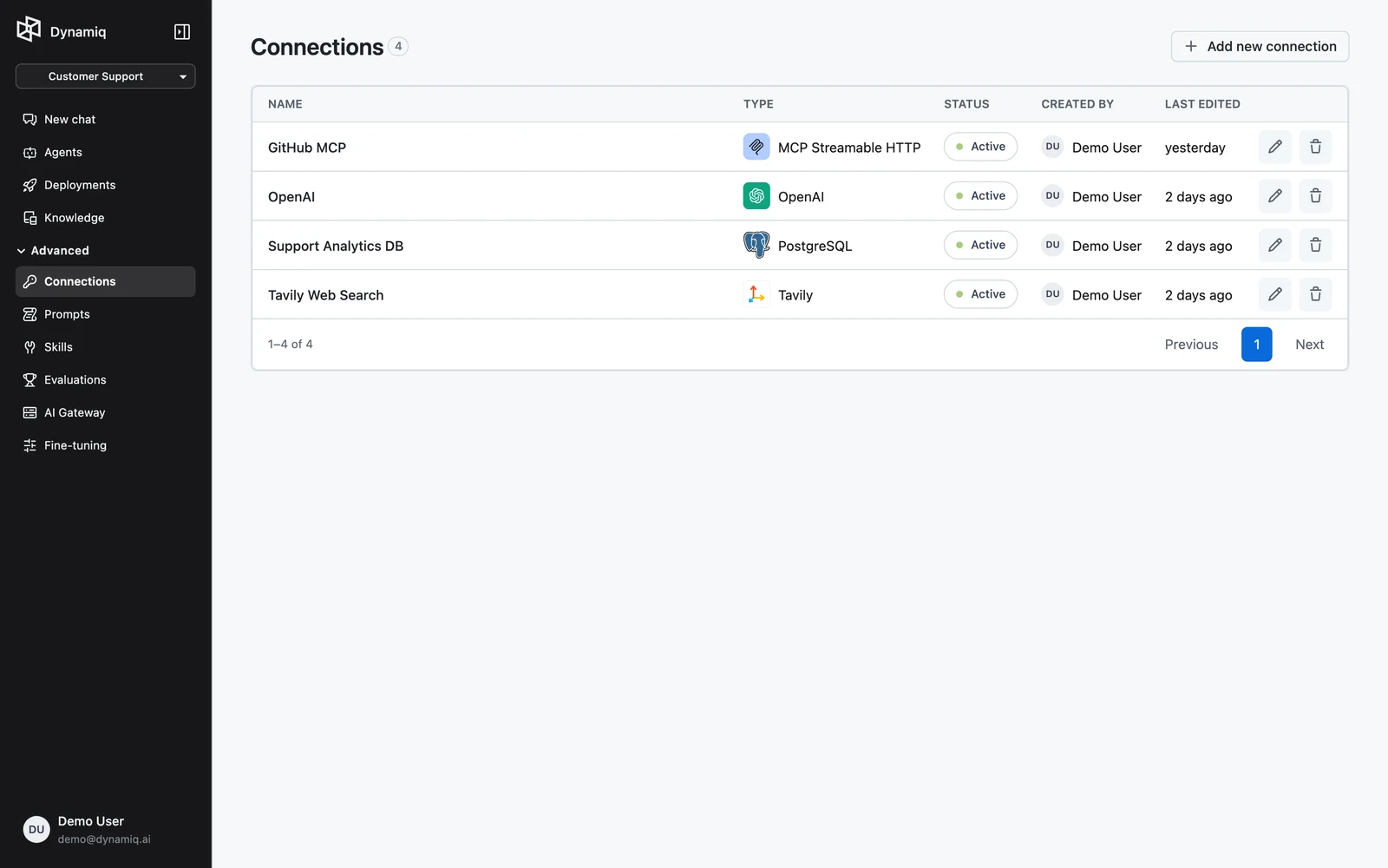 The Connections page with the Add new connection button in the header