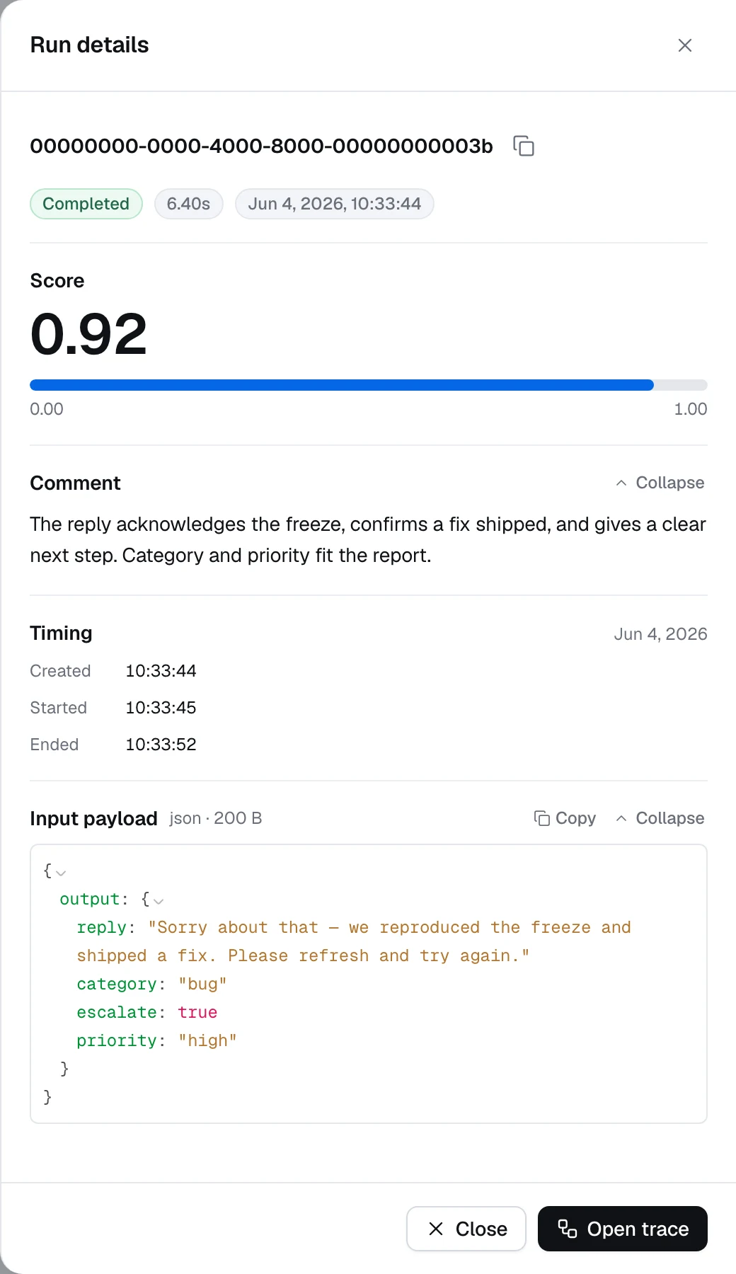 The Run details sheet showing the score, the judge's comment, timing, and the Input payload resolved from the trace