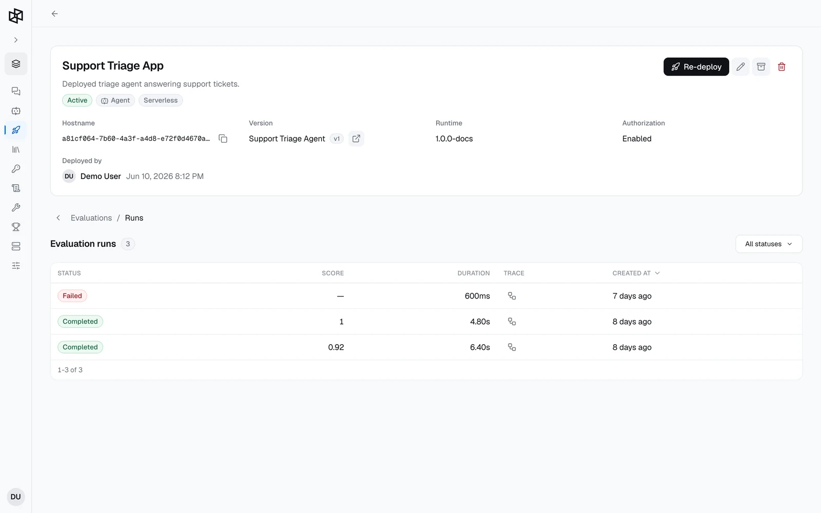 The Evaluation runs page listing completed and failed runs with their scores, durations, and trace buttons
