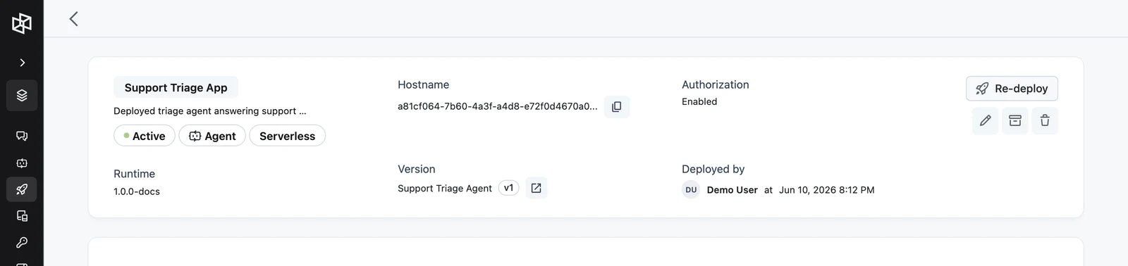The App page header showing status, runtime, hostname with copy button, version, authorization, and the Re-deploy button