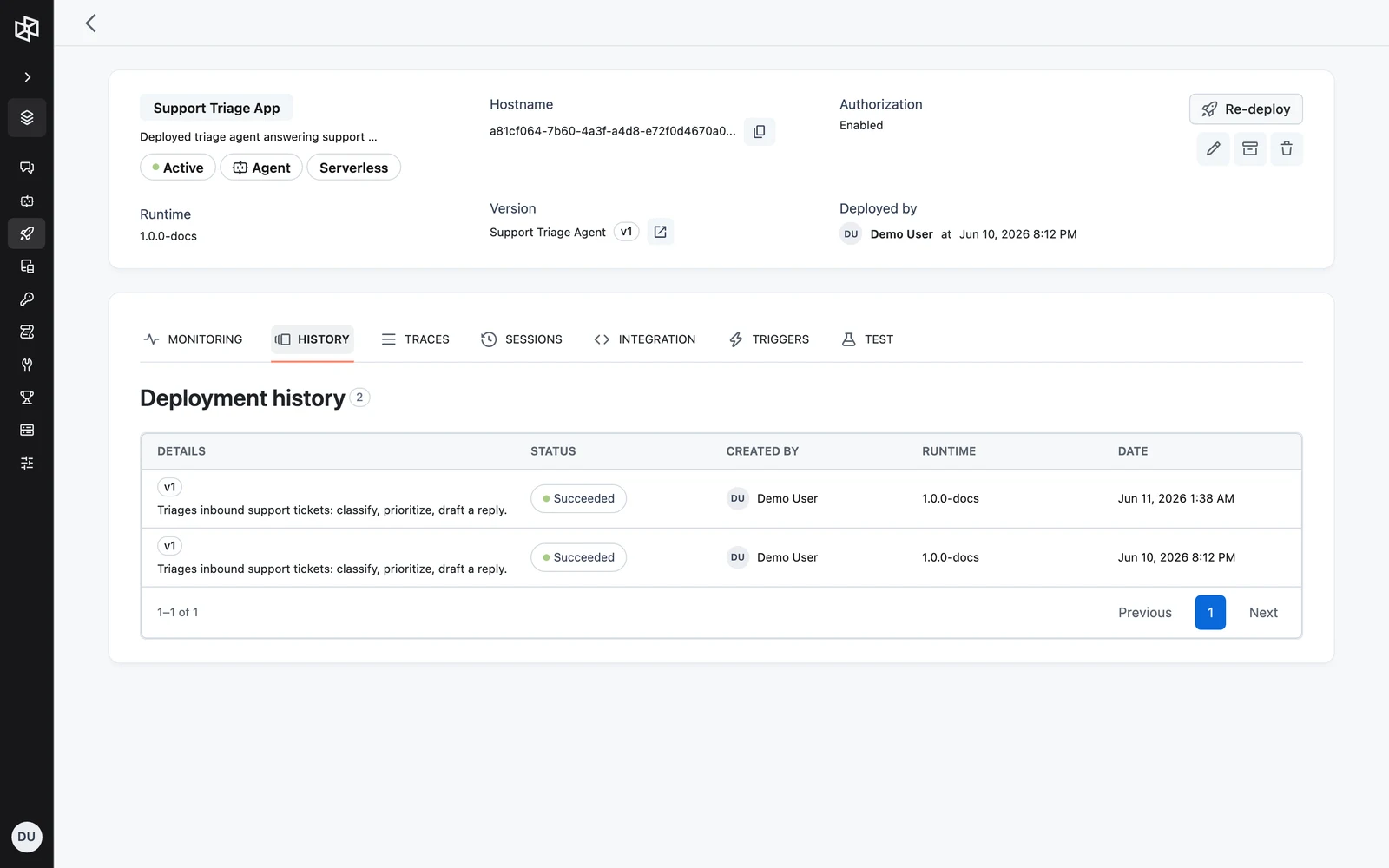 The History tab with a new deployment row for the older workflow version at the top