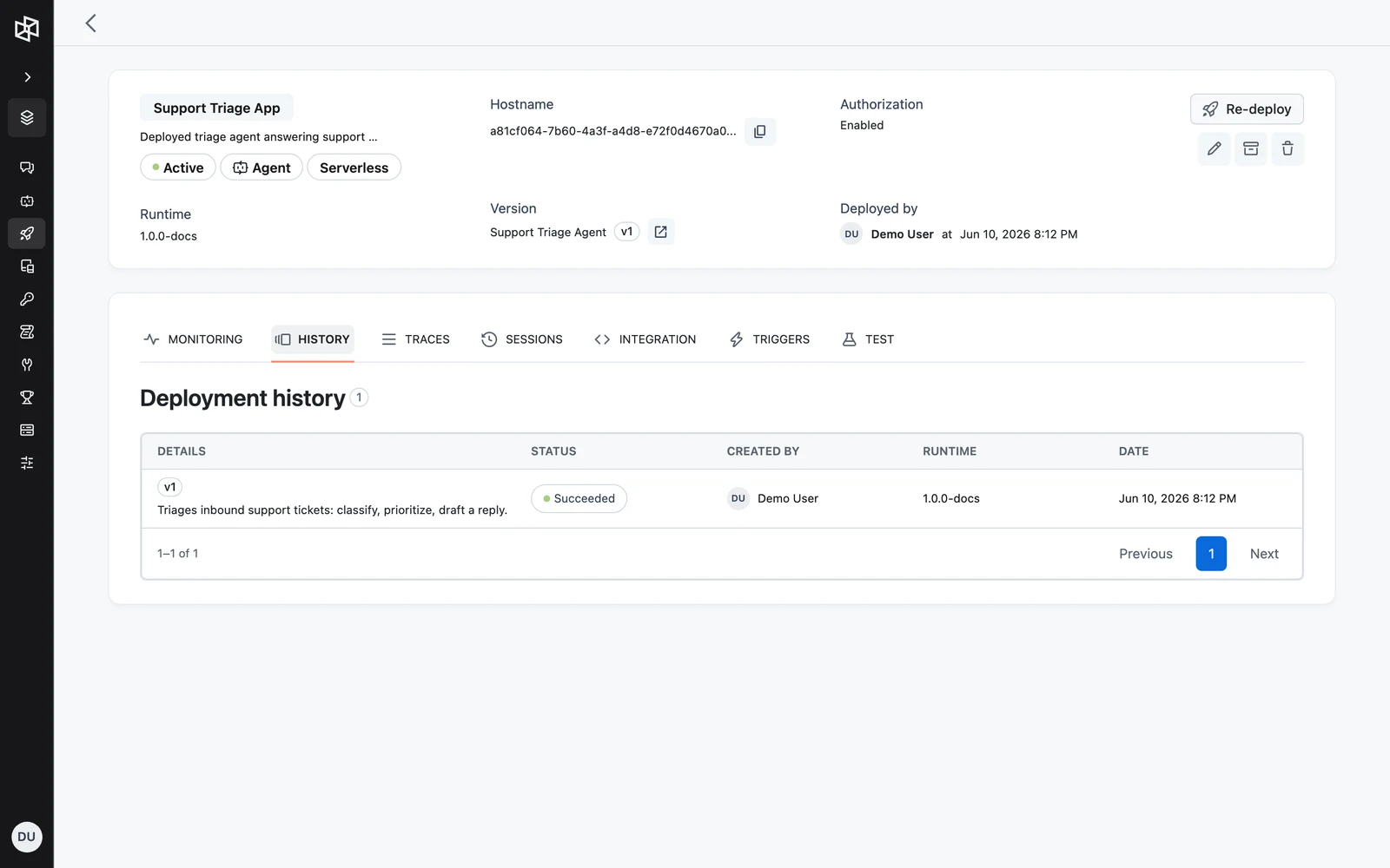 The History tab listing past deployments with version, status, creator, runtime, and date
