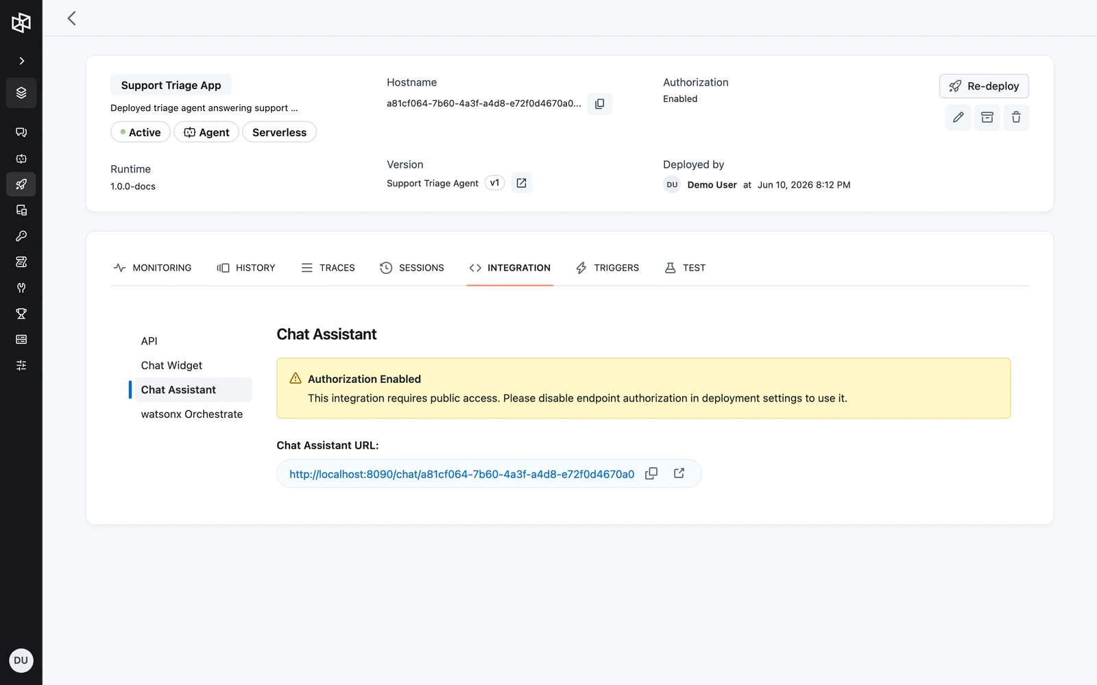 The Chat Assistant section showing the shareable chat URL with copy and open buttons