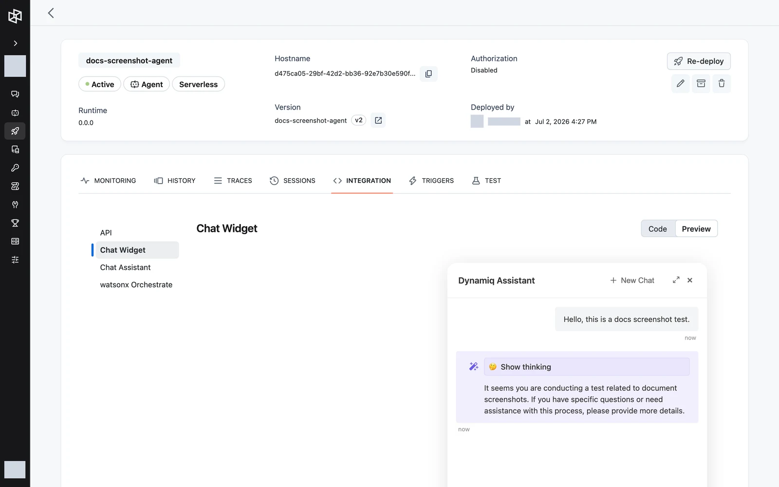 The chat widget preview open in the bottom-right corner answering a test message