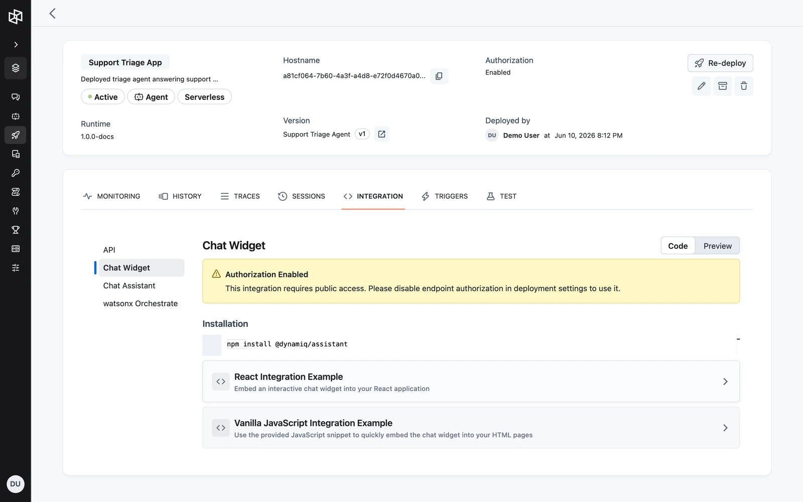 The Chat Widget section of the Integration tab with the Code/Preview toggle and the React and Vanilla JavaScript embed snippets