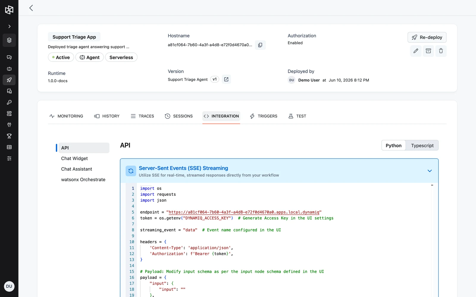 The Integration tab with the API section open, showing Python and Typescript code snippets for the deployed App