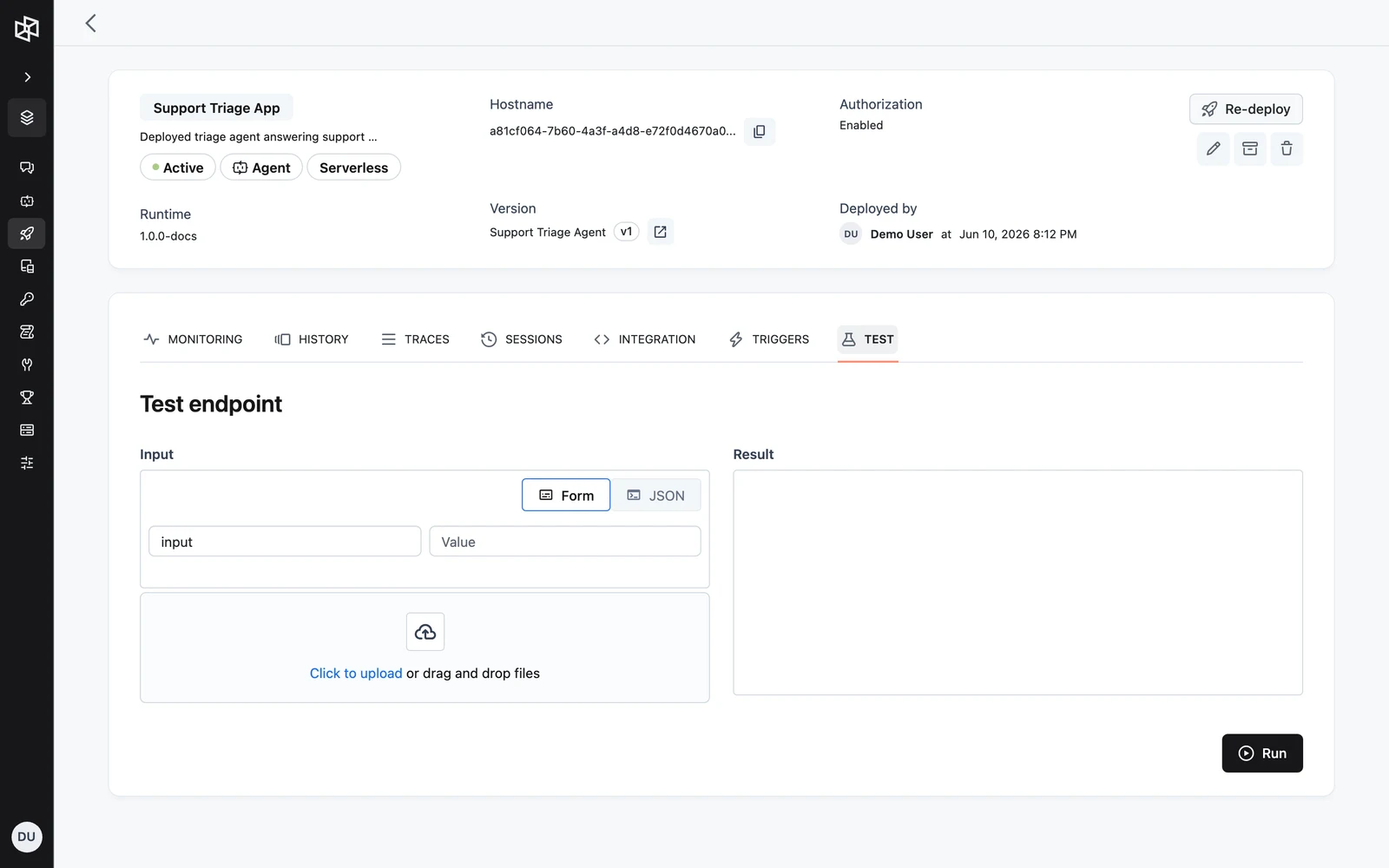 The Test tab with the Input form, file upload, Run button, and Result pane
