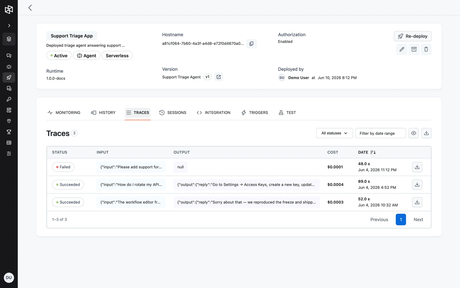 The Traces tab listing runs with status, input, output, cost, and date columns