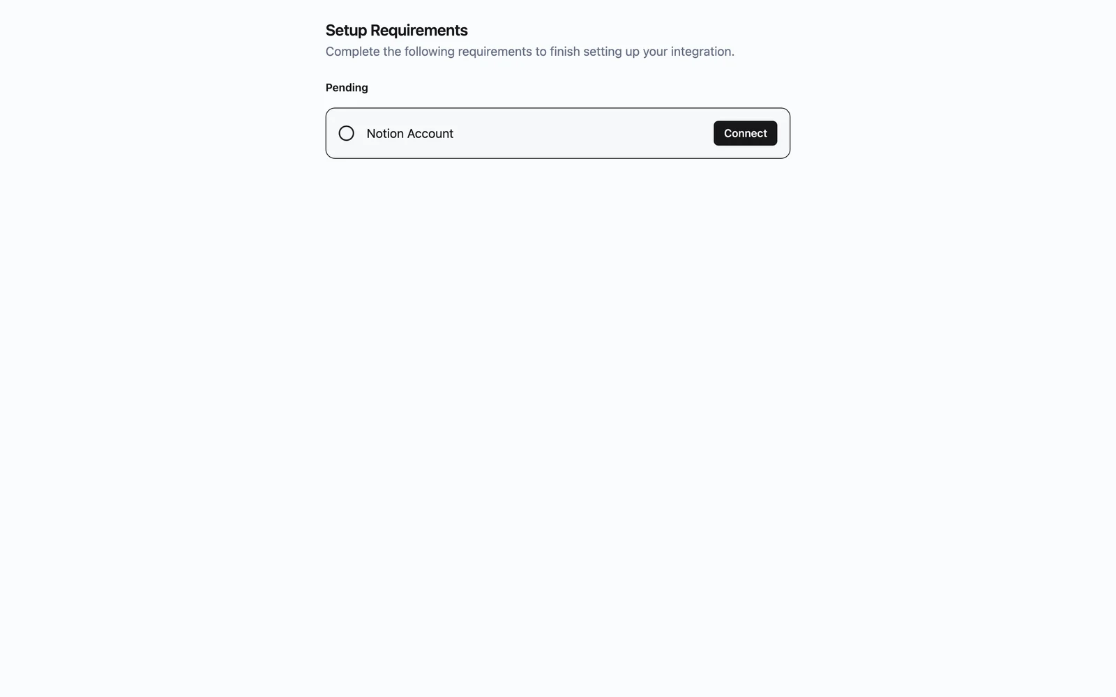 Hosted Setup Requirements page listing a pending account requirement with its Connect button