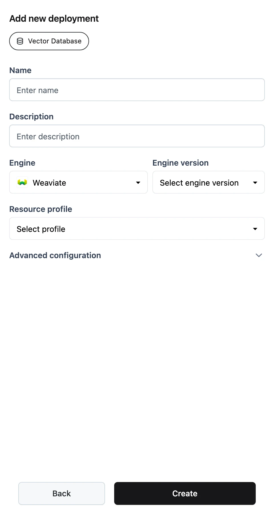 The Add new deployment panel for a Vector Database with Name, Engine, Engine version, Resource profile, and Advanced configuration fields