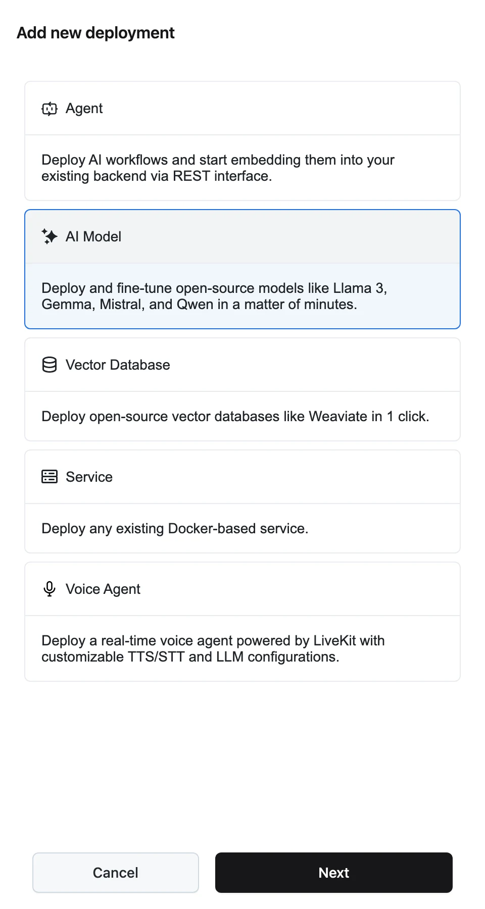 The Add new deployment panel for an AI Model with Name, Task, Model, Runtime, Resource profile, Replica Autoscaling, and Advanced configuration fields
