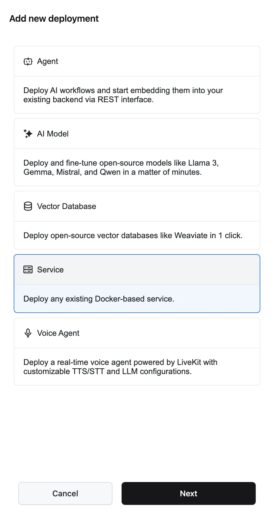 The Deploy Service panel with Dynamiq Agent, Unstructured, LiveKit Voice Agent, and PaddleOCR-VL instruction tabs