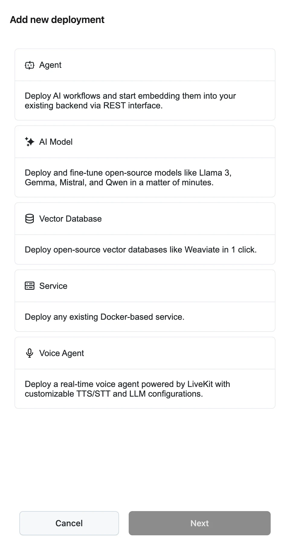 The Add new deployment panel with the Agent, AI Model, Vector Database, Service, and Voice Agent options