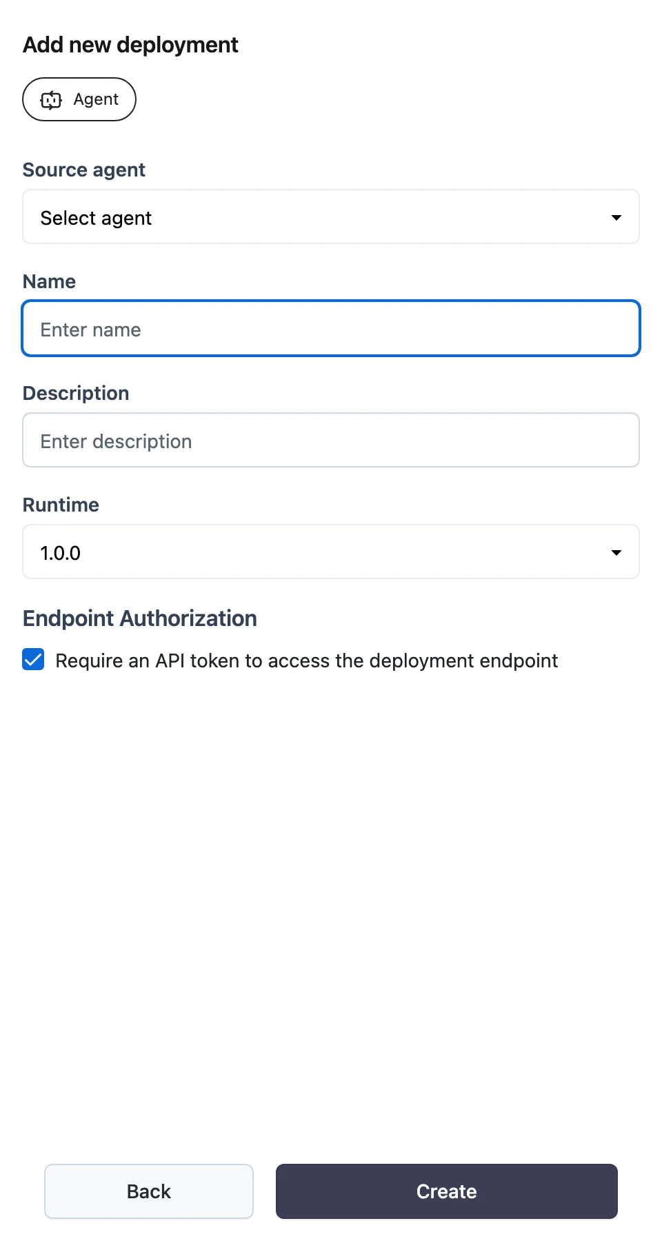 The Add new deployment side panel with Source agent, Name, Description, Runtime, and Endpoint Authorization fields