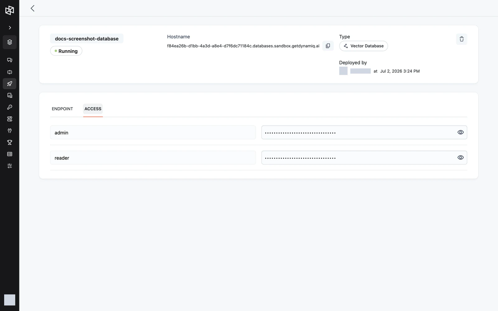 The Access tab listing the admin and reader users with masked API keys and reveal icons