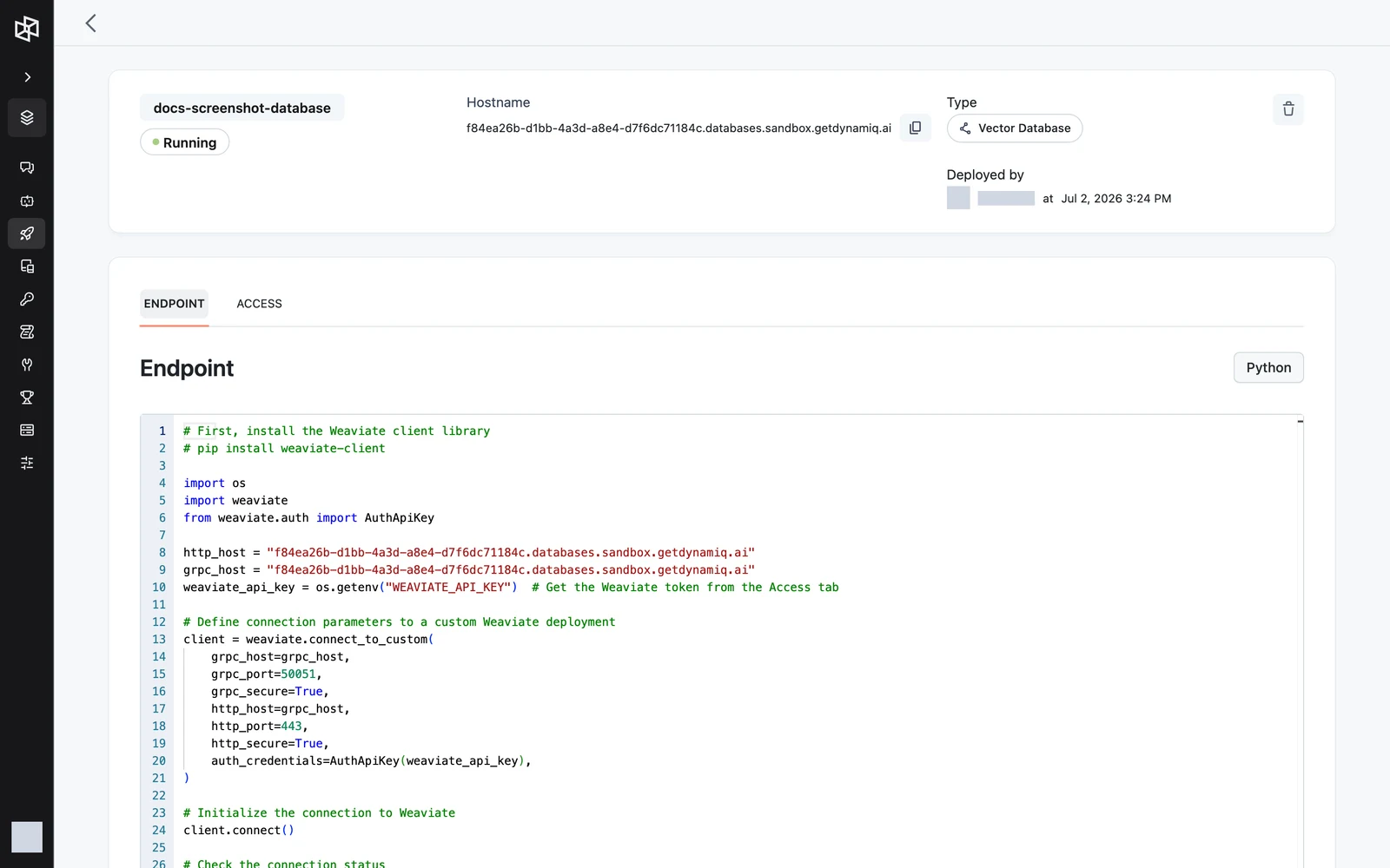The Endpoint tab showing a Weaviate Python client snippet prefilled with the database hostname