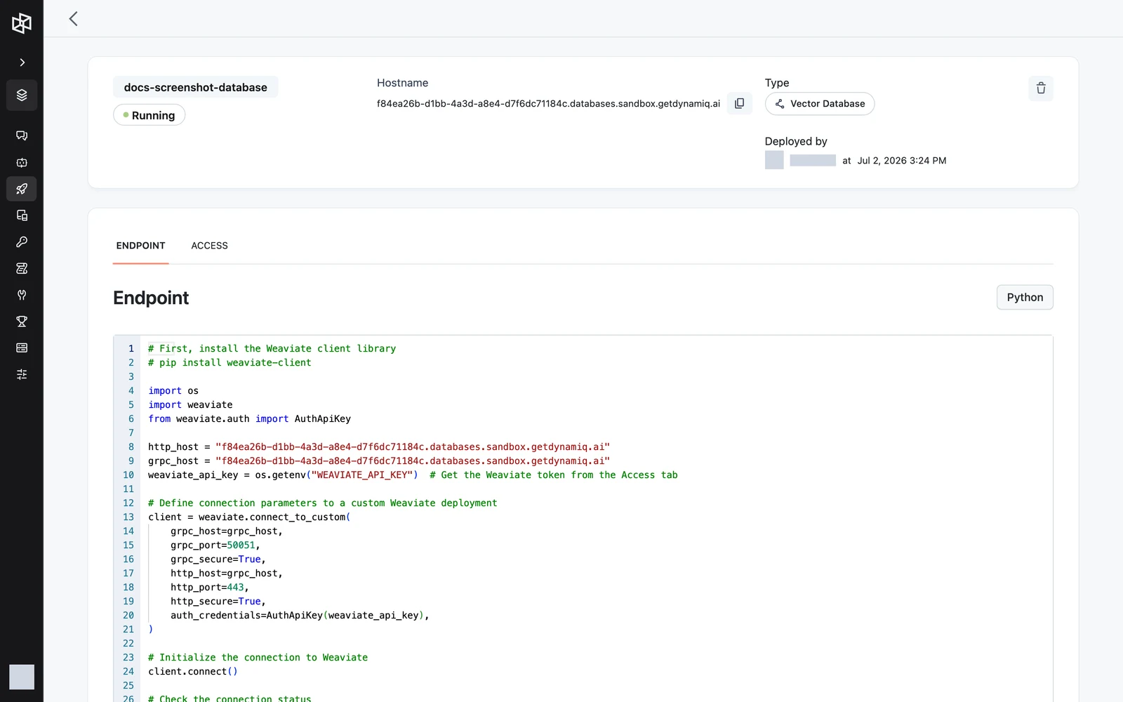 The database deployment page header with status, hostname with copy button, and deployed-by info