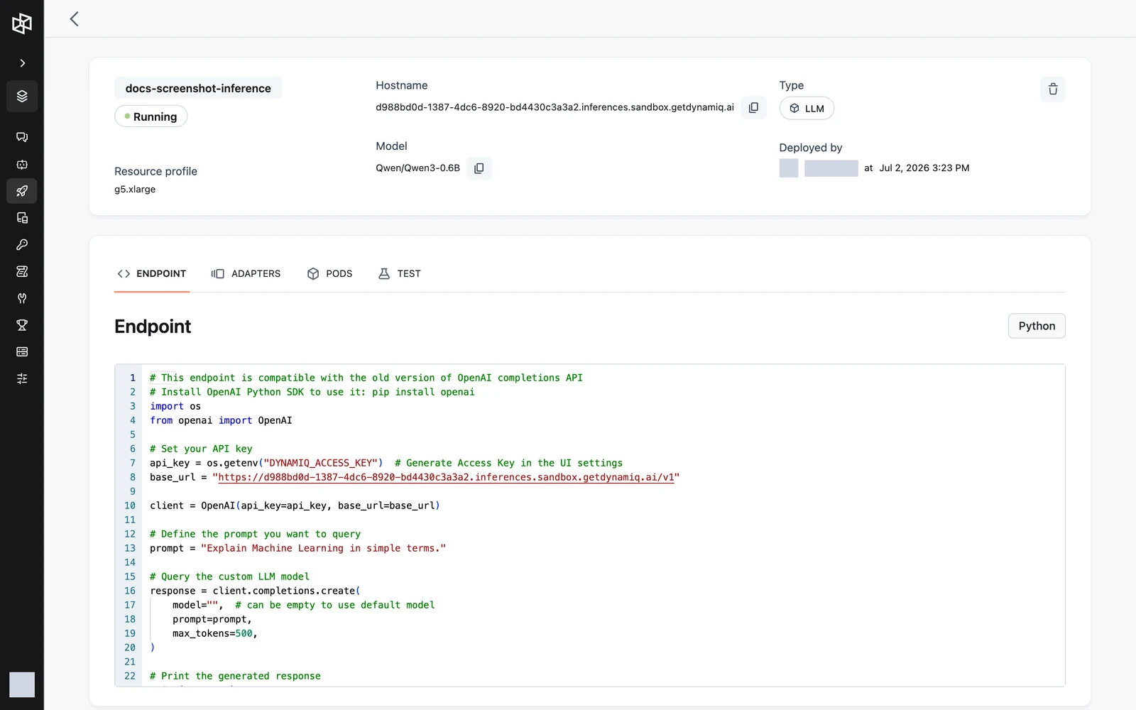The inference deployment page header with status, resource profile, hostname with copy button, and model name