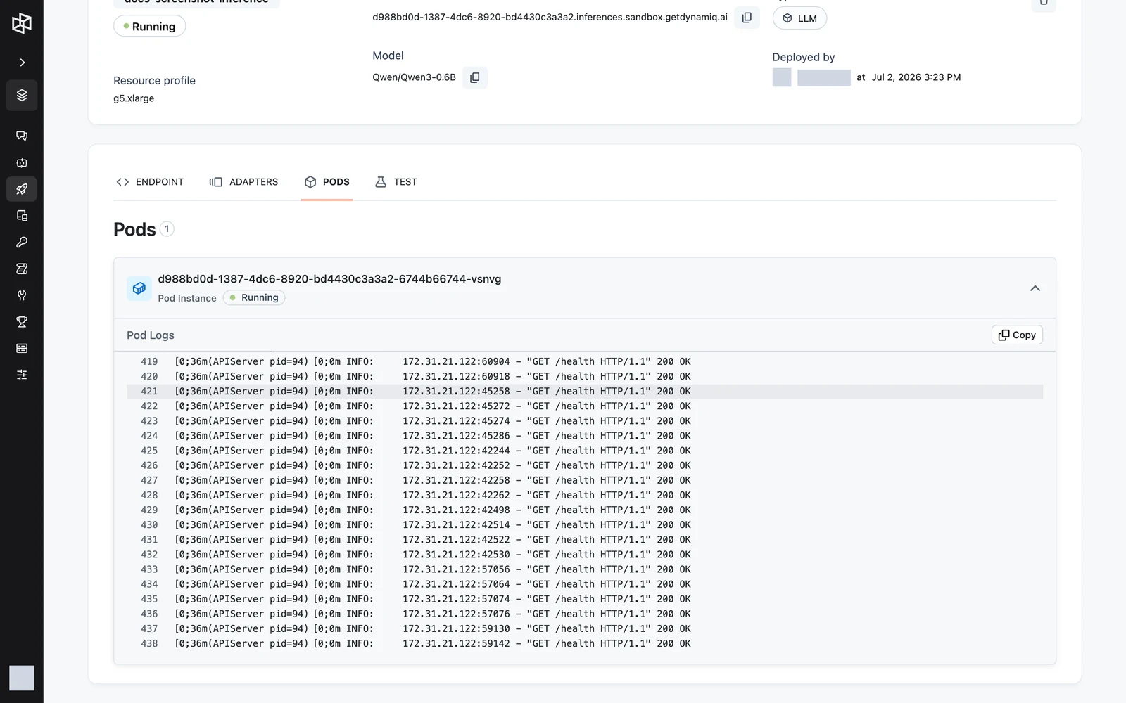 The Pods tab listing the deployment's pods with status and expandable live logs