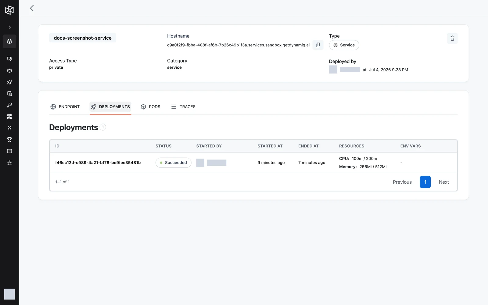 The Deployments tab listing service deployments with status, who started them, timing, resources, and env vars