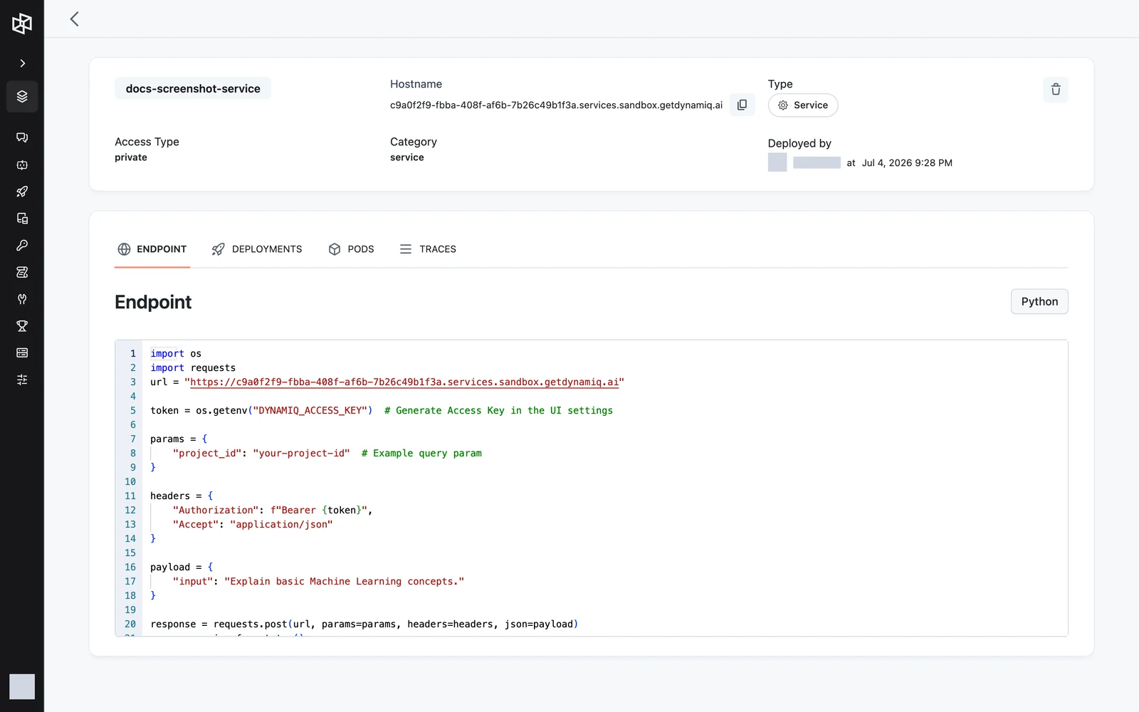 The service deployment page header with access type, hostname with copy button, and category