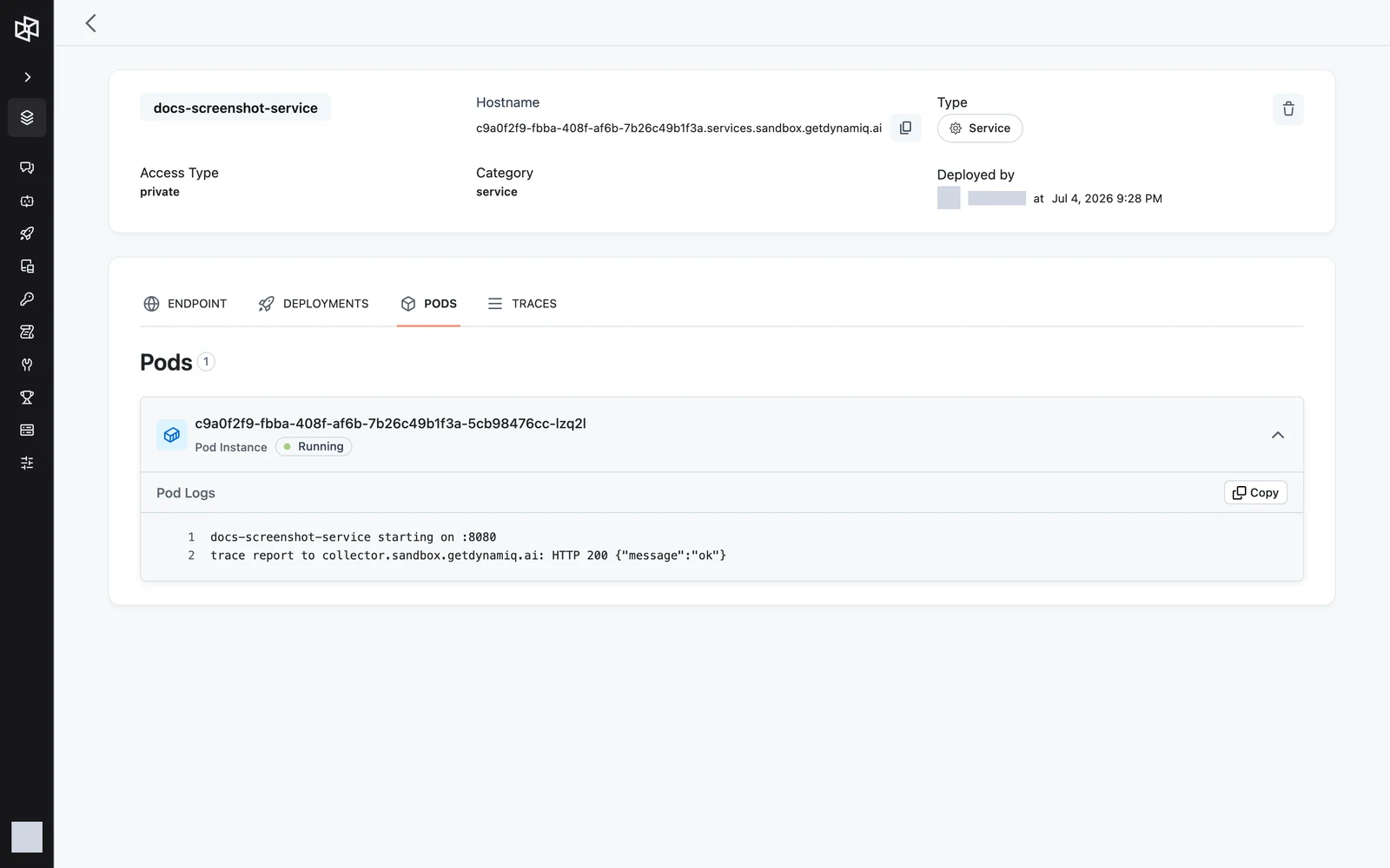 The Pods tab listing the service's pods with status and expandable live logs