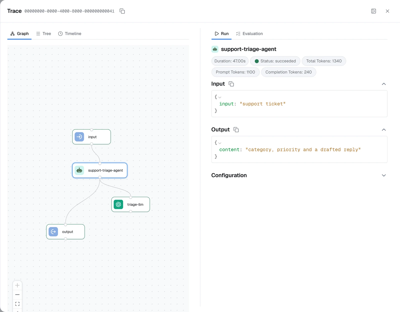 The Trace side sheet with the trace tree on the left and the selected node's input, output, and token usage on the right