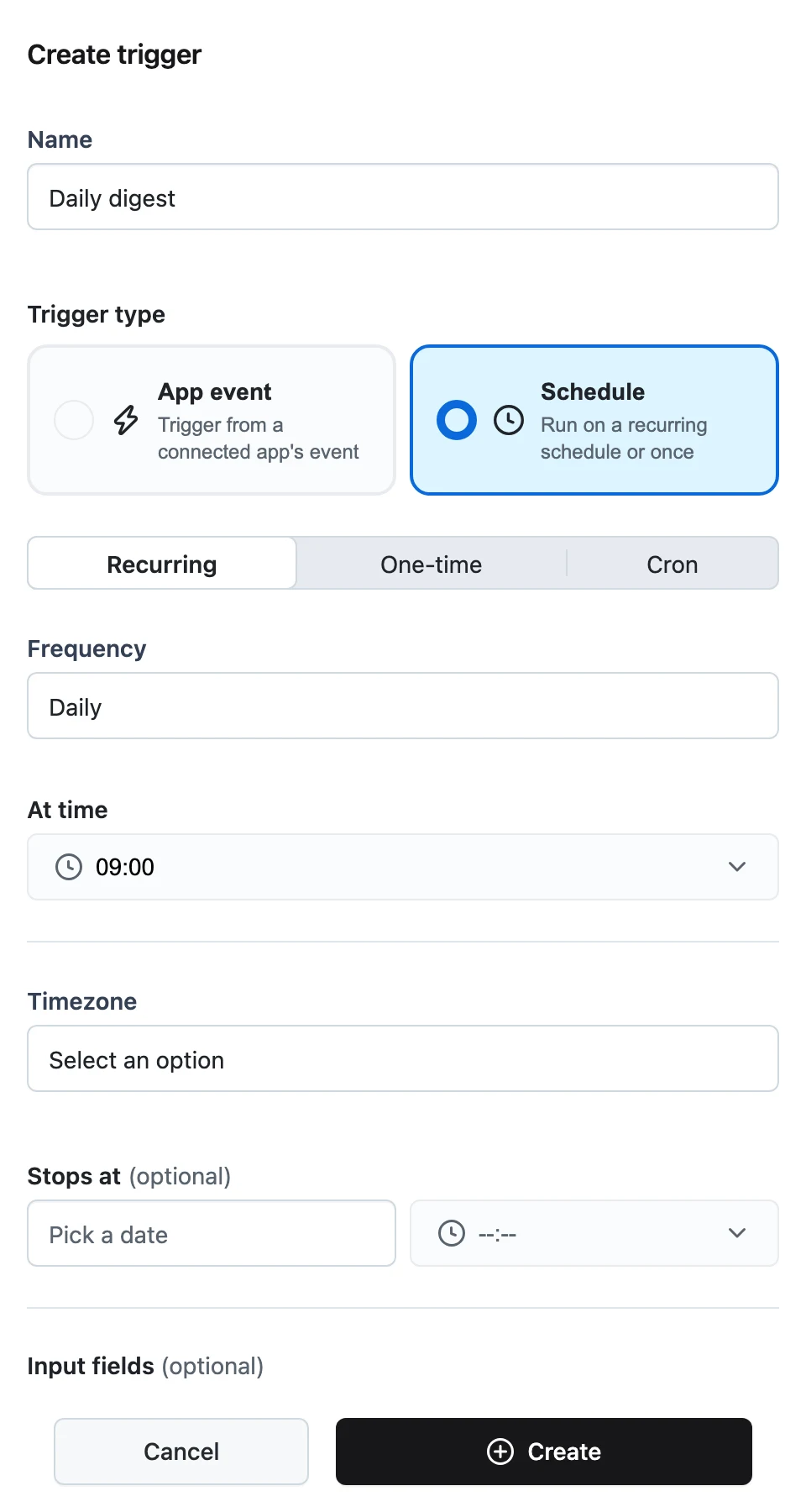 The Create trigger side sheet with the Recurring/One-time/Cron schedule mode switch, timezone select, and Stops at field