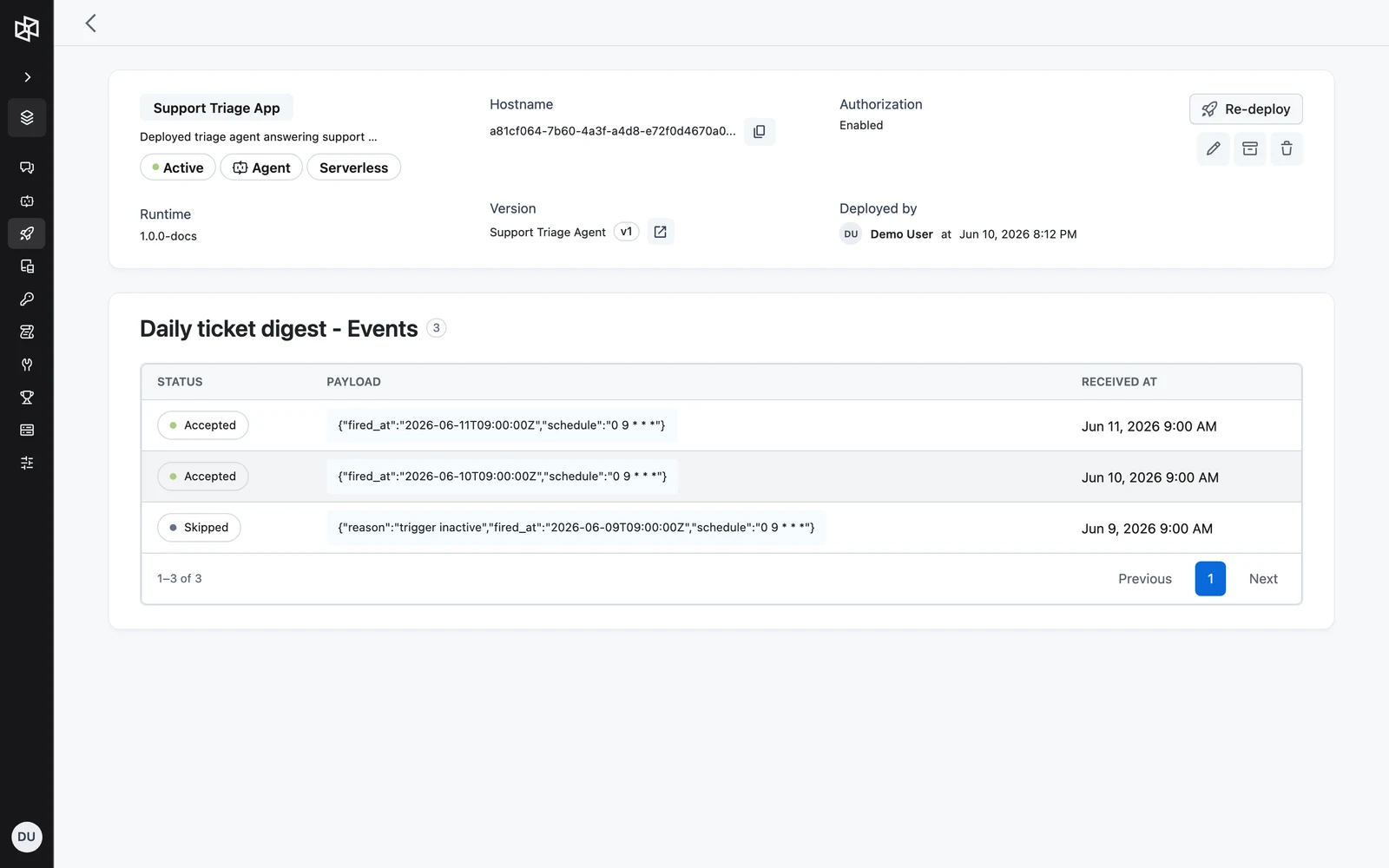 The trigger events page listing received events with status, payload preview, and received-at time
