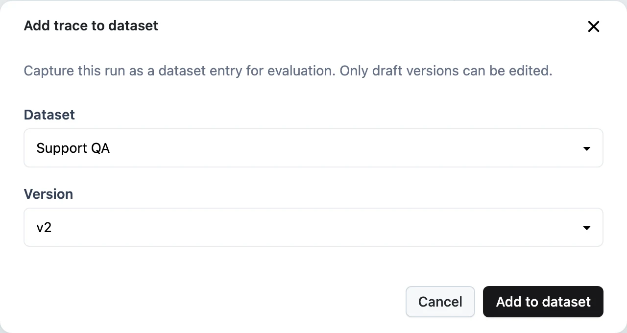 The Add trace to dataset dialog with Dataset and Version selects