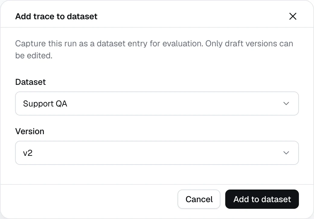 The Add trace to dataset dialog with Dataset and Version selects