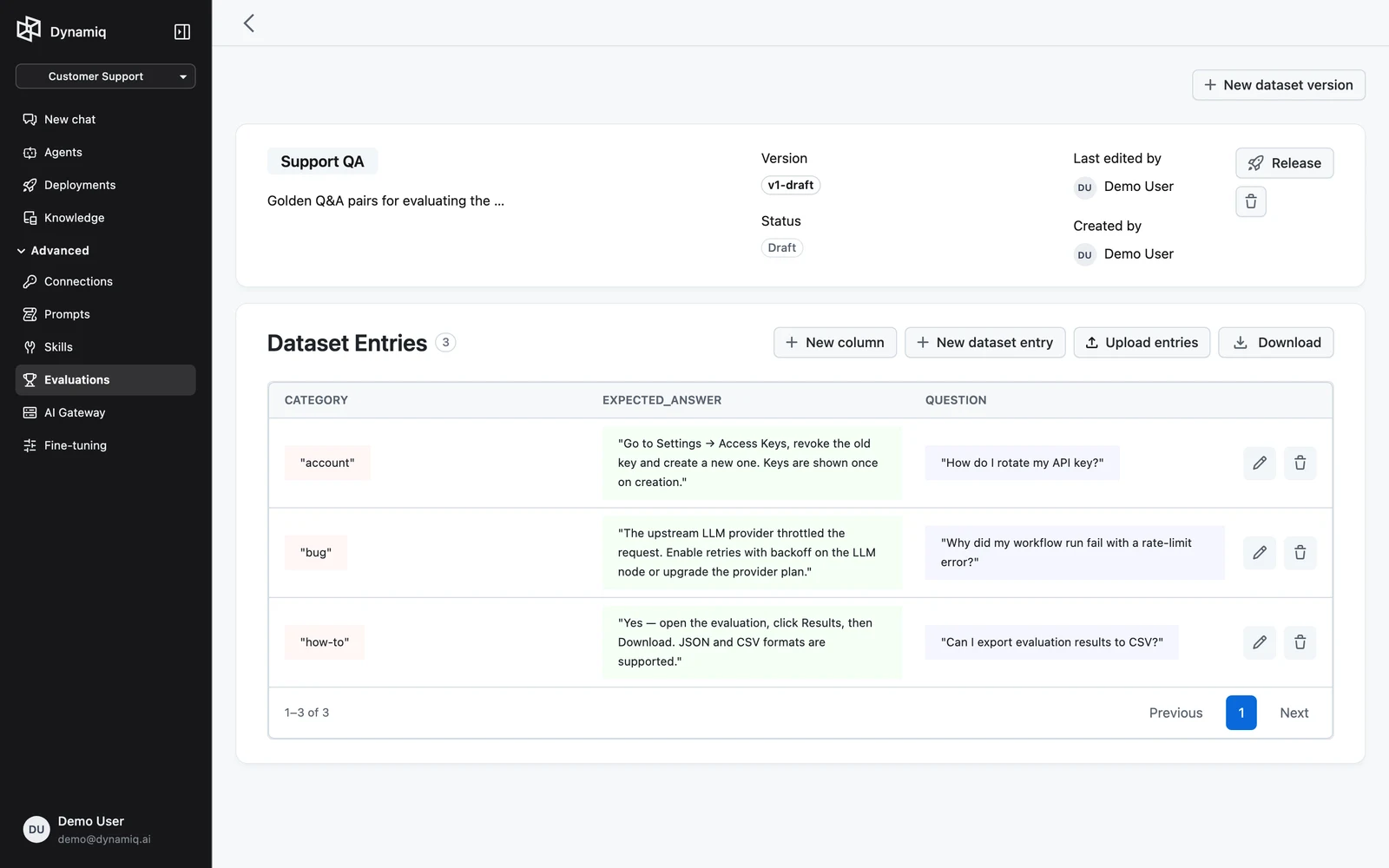 A dataset page with a draft version, showing New column, New dataset entry, and Upload entries buttons