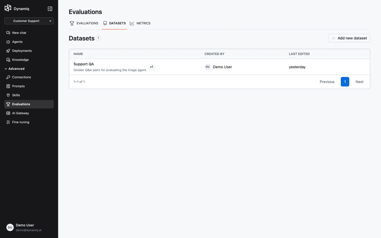 The DATASETS tab listing datasets with their latest version badges
