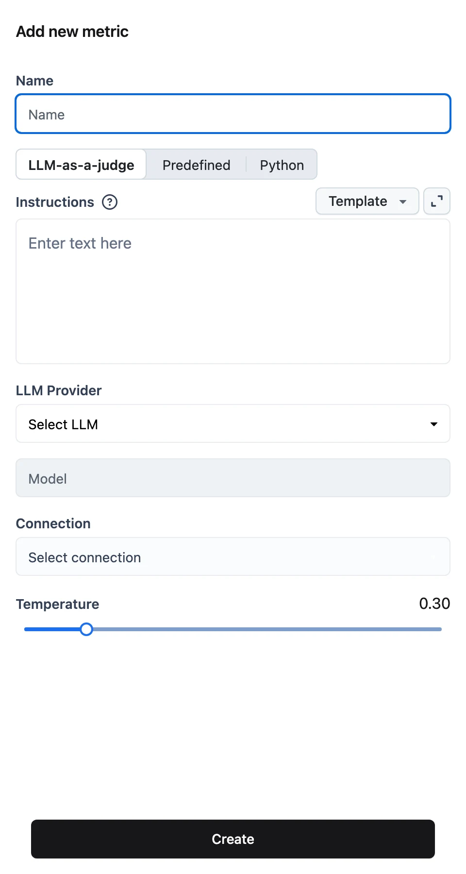 The Add new metric dialog with Name, the metric type segmented control, and the LLM-as-a-judge configuration