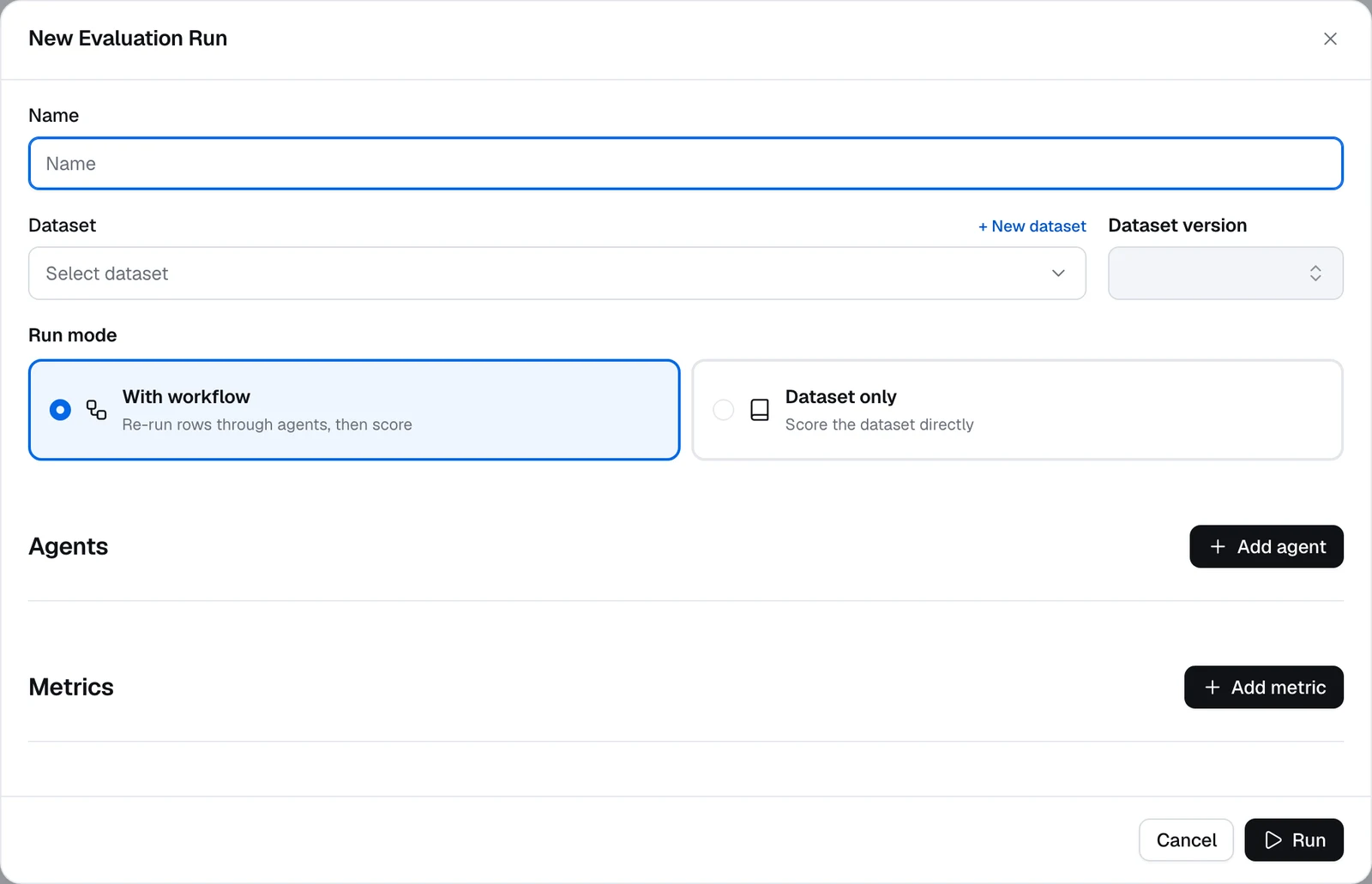 The New Evaluation Run dialog with Name, Dataset, Dataset version, and the Run mode cards