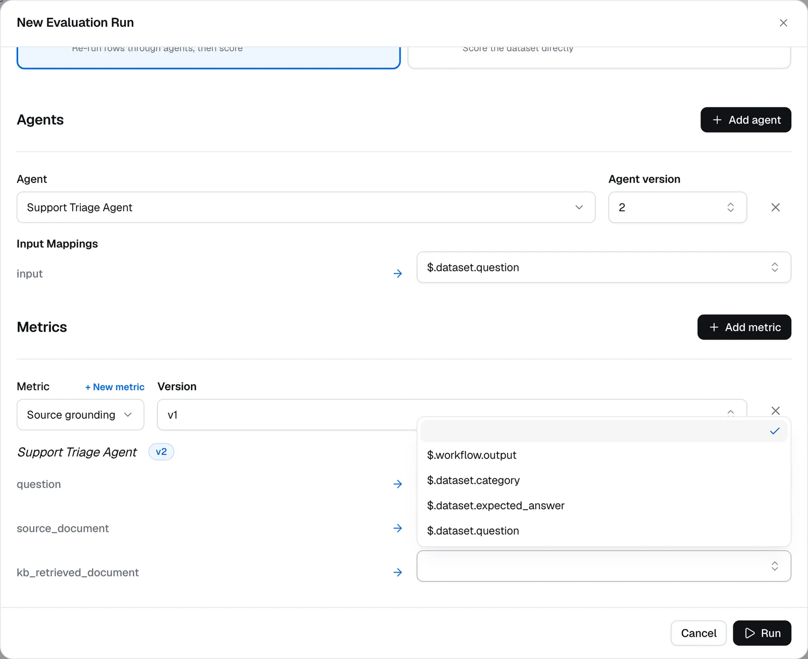 A metric's inputs in the New Evaluation Run dialog, with a selector list offering $.workflow.output (the workflow's only Output node field) and the dataset columns